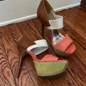 Suede Colorblock Venessa Stiletto Platform Heels Sandals Size 7.5 BackZip Boho